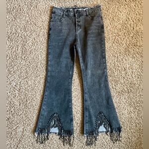 Fringe Hem Black Flare Jeans
